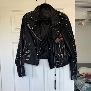 Blank NYC Black Leather Jacket with Studs and Floral Design